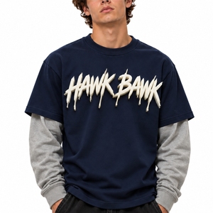 T-shirt décontracté pour homme à double couche, style streetwear, manches courtes, imprimé en relief en caoutchouc, bleu marine, col rond, jersey en coton - Product Image 1