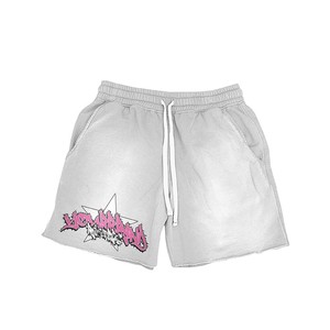 Pantalones cortos de hombre con lavado ácido, algodón French Terry 300 GSM, gris claro, blanco, rosa, estampado serigrafiado, vinilo de transferencia térmica, lavados. - Product Image 1
