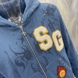 เสื้อฮู้ดซิปสีน้ำเงินสำหรับผู้ชาย ผ้าฝ้ายเฟรนช์เทอร์รี่ โลโก้ SG กระเป๋าปักเพชร สวมใส่สบายๆ สำหรับฤดูใบไม้ร่วง - Product Image 6
