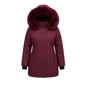 Manteau long matelassé en polyester vert sauge pour femme avec capuche en fourrure, poches plaquées, veste d'hiver, vêtement d'extérieur d'hiver - Product Image 4