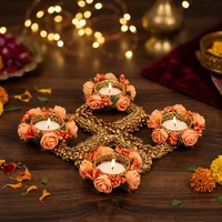 Ensemble de porte-bougies carrés faits à la main en forme de rose pêche, motifs Rangoli en jute, pour Diwali, mariage, festival, décoration de table et de maison