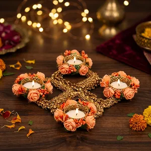 Handmade <b>Square</b> Peach Rose Floral Tealight Candle Holder <b>Set</b> Jute Rangoli Designs Diwali Wedding Festival Table Home Decor - Product Image 5