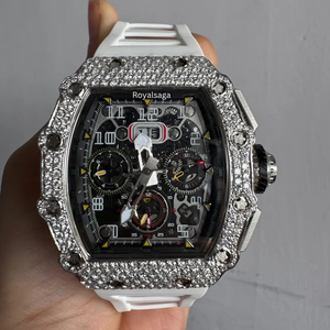 Montre personnalisée en moissanite pour homme, demi-sertie de diamants incolores, luxe, sport, affaires, bracelet en caoutchouc blanc, montre-bracelet hip-hop - Product Image 4