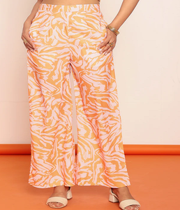 กางเกงขายาวทรงตรงผ้าจอร์เจตต์พิมพ์ลายสีส้มสำหรับผู้หญิง ทันสมัย น้ำหนักเบา สวมใส่สบาย เหมาะกับแฟชั่นฤดูร้อน ชุดลำลองเก๋ไก๋สำหรับใส่ทุกวัน ขายส่ง - Product Image 1