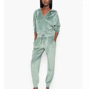 Custom Rhinestone Logo Women's Formal Solid Plus Size Velvet <b>Tracksuit</b> Crop Top Hoodie Pants Jogging Set - Product Image 1