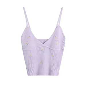Women's Knitted V-Neck Embroidered Crop Top Casual Solid Color Spandex Cotton <b>Sleeveless</b> Vest Outer Wear - Product Image 4