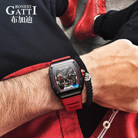 Montre automatique Bonest Gatti pour homme, forme tonneau, fond transparent, mouvement visible, bracelet en caoutchouc BG9901