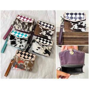 Hot-Selling Genuine Checkered Leather <b>Small</b> Coin <b>Purse</b> Cowhide Leather Mini Card Holder Money Bag With Wristlet Strap foe Women - Product Image 1