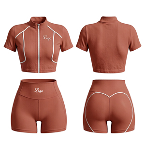 Conjunto de Top de Manga Corta con Cuello Alto y Cremallera, Diseño de Líneas Personalizadas con Logotipo, y Leggings Levanta Glúteos para Mujer 2026 - Product Image 5