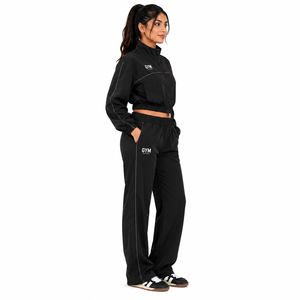 Ensemble de survêtement court noir pour femme, personnalisable avec logo, veste de sport athlétique et pantalon large, 2 pièces, en molleton polyester/coton, pour la gym - Product Image 3