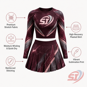 Tenue de cheerleading All Star personnalisée à manches longues pour femme, ensemble de compétition avec jupe plissée bordeaux marbré Apex, vente en gros - Product Image 5