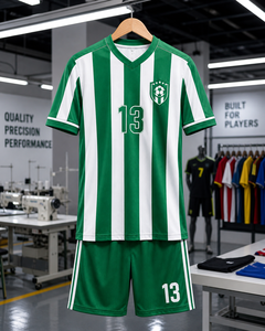 ชุดยูนิฟอร์มฟุตบอล OEM สีเขียวขาวลายทาง เสื้อเจอร์ซีย์ กางเกงขาสั้น แห้งเร็ว ชุดกีฬาทีมแบบกำหนดเอง จำหน่ายจำนวนมาก - Product Image 5