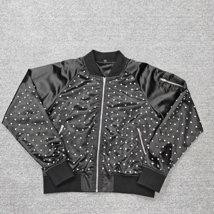 เสื้อแจ็คเก็ตบอมเบอร์ผ้าซาตินสีดำสำหรับผู้ชาย ลายจุดสีขาว คอตั้ง ปิดด้วยซิป เสื้อคลุมลำลองสำหรับฤดูใบไม้ร่วง - Product Image 1