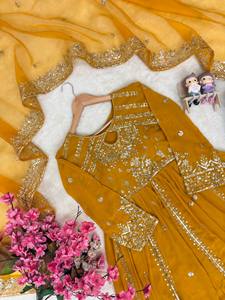 Ensemble Kurta brodé en rayonne jaune moutarde pour femme, coupe ample, style traditionnel indien pakistanais, longueur cheville, idéal pour mariage - Product Image 5