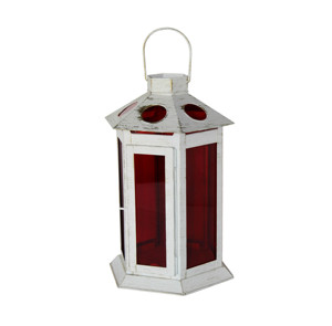 Lanterne à bougie hexagonale en métal blanc vieilli suspendue, grande, avec ouverture ovale, toit incliné, verre teinté rouge, poignée en fil métallique, pour table - Product Image 2