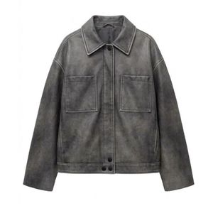 Two Tone Chocolate Cream <b>Women</b> Leather Jacket High Quality Windproof PU Striped Rib Neck Raglan Long Sleeves <b>Womens</b> <b>Coats</b> - Product Image 4