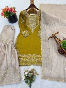 Olive <b>Green</b> <b>Silk</b> Embroidered Traditional Kurti Sharara Set with Net Dupatta Women Ethnic Wedding Wear - Product Image 2