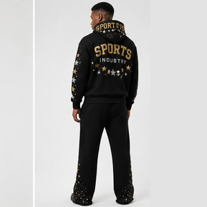 Ensemble de survêtement 2 pièces personnalisé pour homme, noir, or, argent, avec broderie étoile et globe, style universitaire, sweat à capuche et pantalon de survêtement orné de strass, fournisseur en gros - Product Image 5