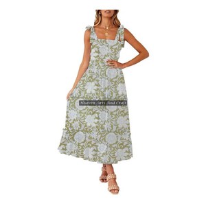 Vestido Casual de Verano Bohemio Ecológico de Algodón con Estampado a Mano, Tirantes Finos, Largo hasta el Suelo, Cuello Redondo, para Fiesta, para Mujer - Product Image 1
