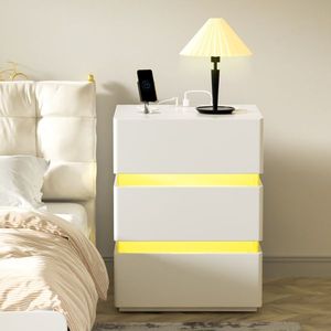 White <b>3</b>-Drawer Side Cabinet Bedside Table Nightstand RGB LED with <b>Charging</b> Station and USB Ports Dressers Product Category - Product Image 1