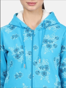 Sudadera con Capucha Azul con Estampado Floral para Mujer, Sudadera de Punto con Cierre de Cremallera y Manga Larga, Estilo Otoñal, Corte Regular, Transpirable - Product Image 6