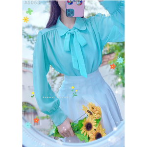 Camisa de manga larga para mujer con manga raglán, lazo y botones forrados en tela, estilo formal, casual de oficina, color liso. - Product Image 6