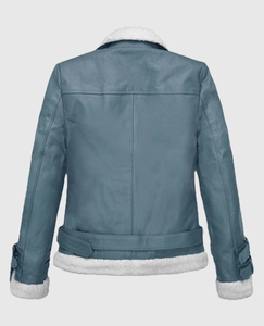 Women's Genuine Leather Racer <b>Jacket</b> Solid Color Zipper Closure <b>Sherpa</b> <b>Lined</b> Belted Eco-Friendly Winter Outerwear Custom Front - Product Image 2