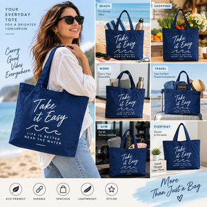 Bolsa de Lona Take It Easy 46x37x15cm Azul Marino con Patrón de Letras, Asa de 26cm, Interior Espacioso, Bolsa de Viaje y Compras - Product Image 6