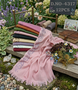 Ensemble de foulards hijab élégants en coton, lin et satin, à motifs floraux, avec broderie complexe en spirale de strass de cristal, 12 pièces multicolores - Product Image 1