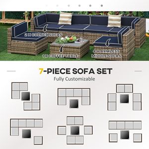 Set Divano da Esterno Moderno in Rattan a 7 Pezzi con Cuscini Blu, Cuscini Decorativi e Tavolino da Tè - Product Image 6