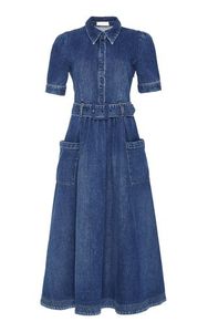 Vestido Midi Azul Vaquero sin Mangas con Pliegues Escalonados, Estilo Espalda Descubierta con Botones Delanteros para Fiestas Casuales - Product Image 4