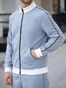 Ensemble survêtement homme 2 pièces en molleton gris clair à rayures blanches, col bomber zippé - Product Image 5