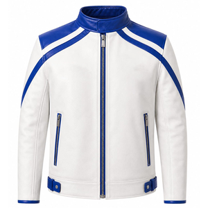 Chaqueta de Cuero Personalizada ZPB para Hermandades, Azul y Blanca con Logotipo Bordado, Estilo Casual Unisex para Compradores y Distribuidores de Ropa al por Mayor - Product Image 1