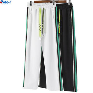 Man Trouser Stacked Sweatpants With Green And <b>White</b> Side Stripes Elastic Waist Drawstring Casual <b>Joggers</b> Breathable - Product Image 2