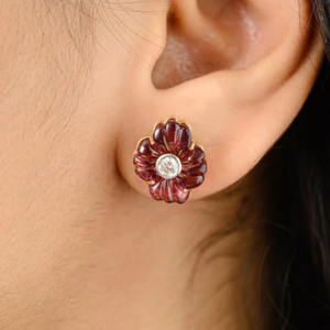 <b>Fine</b> Stud <b>Earrings</b> 18K Carved 9.25 Carat Tourmaline Vintage Flower <b>Earrings</b> - Product Image 1