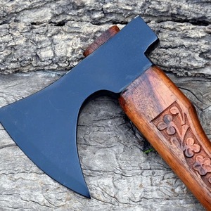 industrial grade outdoor Flat Backed Felling <b>Axe</b> Forged Steel Blade Wood <b>Handle</b> Carved Floral Design Tree Felling Use - Product Image 5
