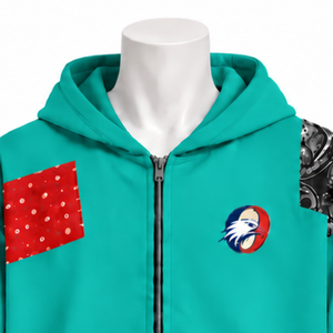 Sweat à capuche zippé surdimensionné en patchwork de tapisserie bleu sarcelle, imprimé, style streetwear décontracté, veste tendance - Product Image 3