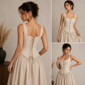 Robe Corset Vintage Renaissance pour Femme, Top Corset Overbust Beige en Coton et Lin avec Jupe, Corset Amincissant à Baleines en Acier - Product Image 4