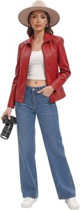Chaqueta de Moto para Mujer, Personalizable, de Cuero PU Rojo, Tejida, para Exteriores, con Cierre de Cremallera, Cuello Camisero, Estilo Otoñal - Product Image 6