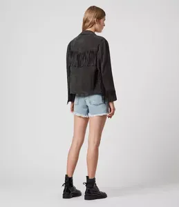 Women's <b>Black</b> <b>Suede</b> Fringed Moto <b>Jacket</b> Turn-Down Collar Full Sleeve Short Length Autumn Style - Product Image 3
