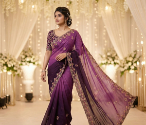 <b>Purple</b> Embroidered Silk <b>Saree</b> for Women Traditional Wedding Wear Floor-Length Regular Fit Indian Pakistani Style Sun Protection - Product Image 2