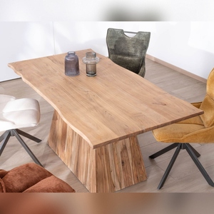 Table à manger design Elki en bois d'acacia, texture ivoire Vandana, 175 cm, avec piétement central sur colonne. - Product Image 4