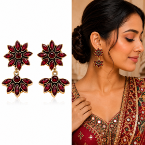 Luxury <b>Oxidized</b> Silver Gold-Plated Floral Design Bulk Supply Handmade Bezel Set Red Crystal Drop Earrings Ethnic Direct Factory - Product Image 1