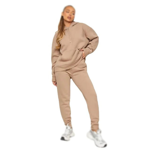 Women Plus Size Beige Cotton Tracksuit Set Hooded <b>Sweatshirt</b> Full Length Pants Side Pockets Casual Autumn Solid Color Loose Fit - Product Image 1