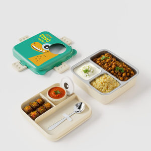 Boîte à lunch mignonne en forme de dinosaure de dessin animé, verte, carrée, pour enfants, conteneur bento, boîte de rangement alimentaire, boîte à lunch en acier inoxydable - Product Image 2