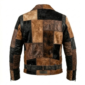 Chaqueta de cuero asimétrica de patchwork para hombre al por mayor, proveedor y fabricante de ropa exterior de moto de piel de vaca con pelo personalizada - Product Image 2