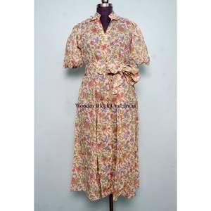 Robe mi-longue élégante pour femme en pur coton à imprimé floral numérique, nouveaux modèles, avec ceinture décorative, idéale pour les fêtes - Product Image 1