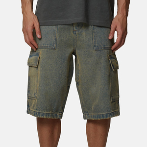 Men's Washed Denim Cargo Shorts Mid Waist <b>Elastic</b> Closure Casual Bermuda Style With Pockets Solid Color Canvas Material - Product Image 5