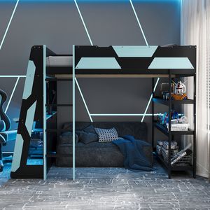 Full Size <b>Gaming</b> Loft Bed with Desk Shelves and LED <b>Lights</b> in Black & Blue - Product Image 2