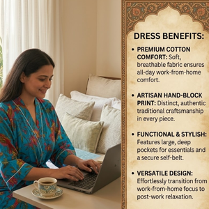 Kimono Floral de Algodón Turquesa |   Bata de casa de manga larga con cuello en V para mujer |   Bata Larga con Bolsillo Delantero de Alta Calidad, Diseño Exquisito - Product Image 6